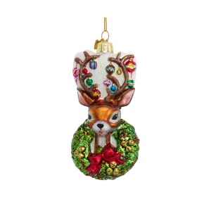Kurt Adler Noble Gems Glass Ornament for Christmas Tree, Traditional Deer with Wreath - 1 of 3