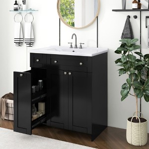 30"W Bathroom Vanity with Ceramic Sink, Bathroom Cabinet with Double-tier Drawer,Soft close Doors and Storage Cabinet,White/Black/Blue/Grey-ModernLuxe - 1 of 4