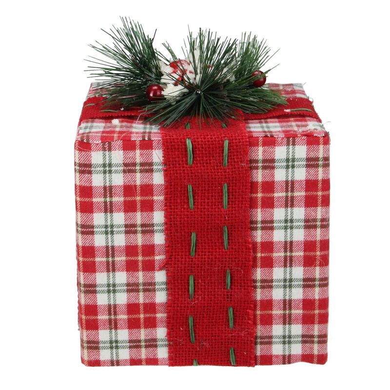 Northlight 8" Red and Green Plaid Square Gift Box with Pine Bow Table Top Christmas Accent, 2 of 4