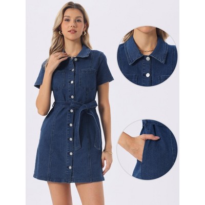 Женские платья INSPIRE CHIC Women Denim Button Down Short Sleeve Belted Casual Jean Shirt Dresses Large Deep Blue — фото 2