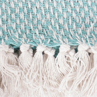 Aqua Blue Cotton Woven Throw Blanket with Fringe