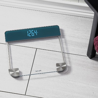 Taylor 12.2" Cyan Blue Glass Digital Bathroom Scale with Stainless Steel Accents