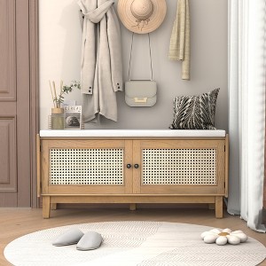 Boho Rattan Entryway Storage Bench, Cushioned Shoe Bench Wooden Shoe Organizer for Hallway/Living Room - ModernLuxe - 1 of 4