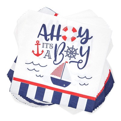 Sparkle and Bash 100 Pack Ahoy it's a Boy Nautical Disposable Paper Napkins 6.5" Baby Shower Party Supplies