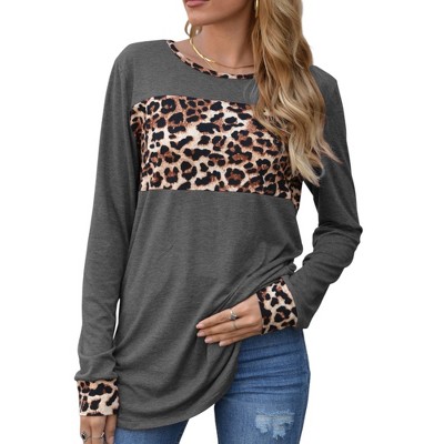 Anna-Kaci Women's Long Sleeve Pullover Top with Leopard Print Chest Panel and Cuff Accents