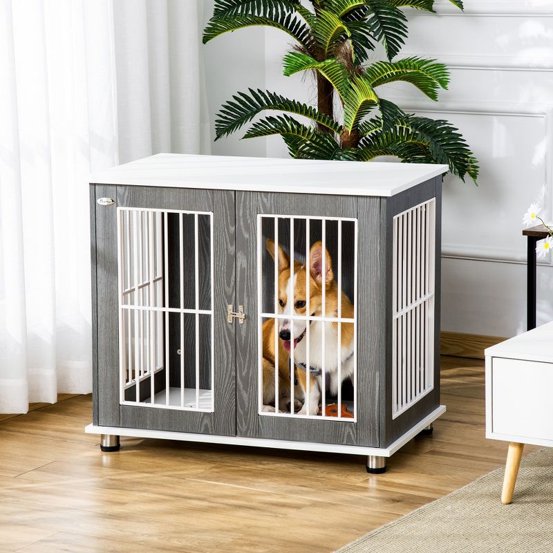 PawHut 34'' 2-in-1 Wooden Dog Kennel, Modern Wire Animal Crate, Pet Cage with Lockable Door and Foot Pads, for Small and Medium Dogs, Gray and White, 3 of 7