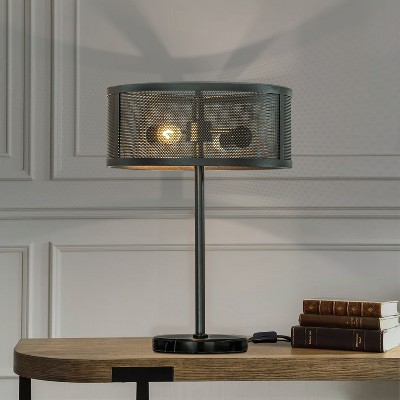 ALOADECOR 2-Light 14 inch Rustic Industrial Matte Black Table Lamp With Metal Mesh Open Cage Lampshade And Marble Base