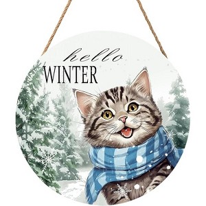 Lomsoe Hello Winter Cat Door Sign For Front Door Decor Green Tree White Snowflakes Wooden Sign 8"x 8" Round Wood Hanging Door Sign Christmas Decor - 1 of 1