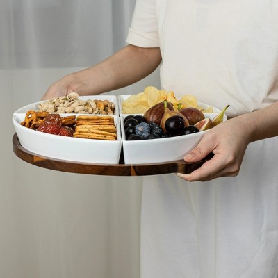LunaLulinlk Acacia and Stoneware 5pc Lazy Susan Set, 15.35INW x 14.17IND x 2.8INH