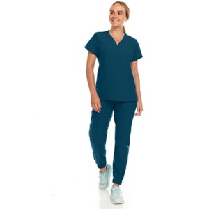 Hey Collection Womens Stretch V-Neck Jogger Scrubs Set, Medical Nursing Tops with Four Pocket Pants - 1 of 4