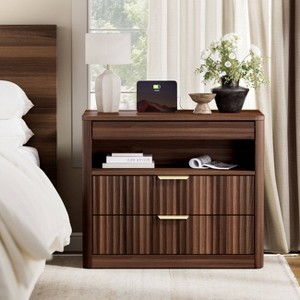 WOWLIVE Fluted Wood Nightstand with Charging Station, Modern Bedside Table with 2 Drawers & Pull-out Shelf for Living Room Bedroom - 1 of 4