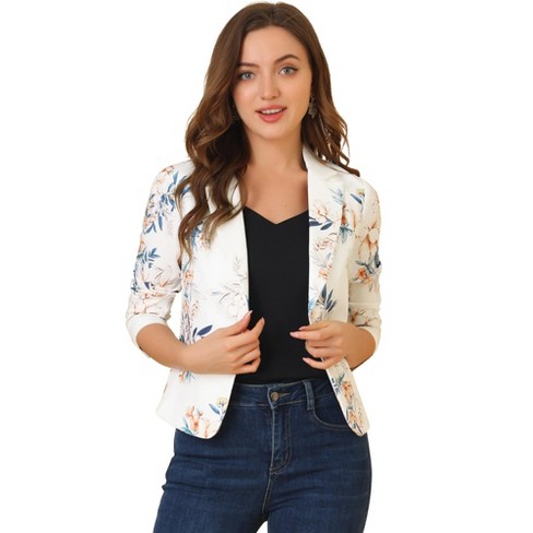 Allegra K Women's Open Front Office Work Crop Long Sleeve Suit Blazer  White-Floral X-Large