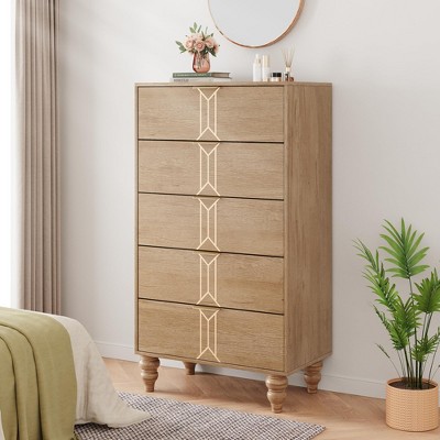 Modern Wooden 5 Drawer Dresser with Vintage Pattern Design, Tall Dresser with Deep Drawers