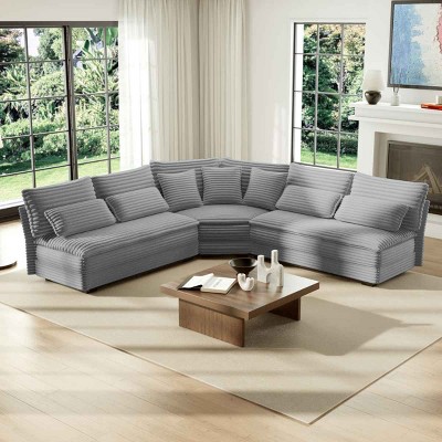 5 Seater L-Shaped Sectional Sofa with Curved Corner and 7 Pillows, Corduroy Upholstered Corner Sectional Sofa for Living Room-Coolbibila