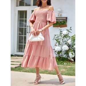 Summer Maxi Dress for Women Ruffle Short Sleeve Square Neck Smocked Tiered Multi Layered Scalloped Hem Casual Dresses - 1 of 4