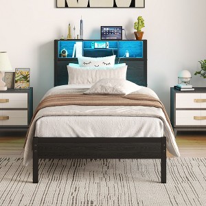 GDFStudio Kian Modern Twin Size Metal Platform Bed Frame with Storage Headboard, Charging Station and LED Lights - 1 of 4