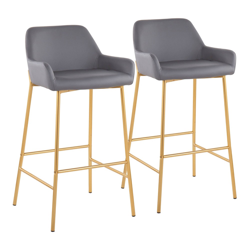Set of 2 Daniella Metal Faux Leather Barstools Gold/Gray - LumiSource: Upholstered, Fixed Height, with Back