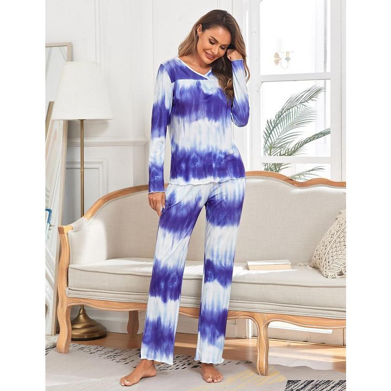 Women's Pajama Set Tie Dye Two Piece Long Sleeve Tops and Pants Sleepwear Soft Loungewear Pjs, 2 of 9