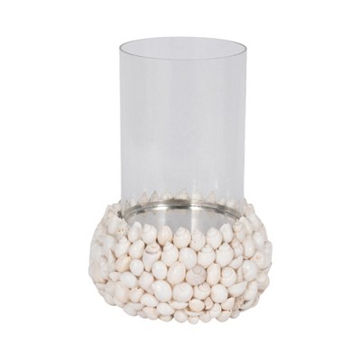 Coastal Pillar Candle Holder - Handcrafted Shell & Glass Design for Home & Office - Perfect for Living Room, Bedroom, & Table Centerpiece - 10" White