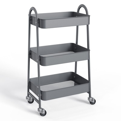 INFURNIC Utility Storage Carts 3-Tier Rolling Cart Metal Organizer Kitchen Trolley Bathroom Laundry Room Bar Office Shelves, Pink, 17.4"*12"*31"