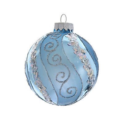 Kurt Adler 80MM Silver Blue with Glitter and Sequins Glass Ball Ornaments, 6 Piece Box