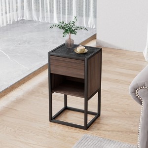 14"W Nightstand Corner Table End Table Side Table with Drawer and Shelf, Brown+Marble Black-ModernLuxe - 1 of 4
