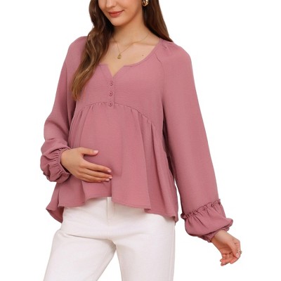 INSPIRE CHIC Women's Maternity Blouse High Low Tops Lantern Sleeve Henly Neck Button Long Sleeve Pleated Ruched Frill Pregnancy
