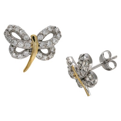 Women's Two-Tone Dragonfly Stud Earrings with Clear Cubic Zirconia in Sterling Silver - Gold/Gray (10mm)