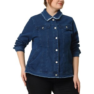 Women's Plus Size Classic Denim Frayed Washed Jean Jackets - Agnes Orinda - 1 of 4