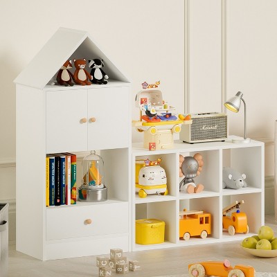 KTMBDW Kids Bookshelf with House-Shaped Design, Wooden Toy Storage Organizer, Adjustable Placement for Boys & Girls Bedroom, Nursery, Playroom