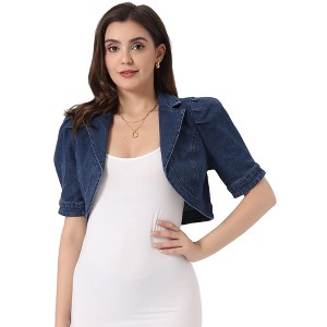 Allegra K Women's Short Sleeve Lapel Collar Crop Jean Jacket - 1 of 4