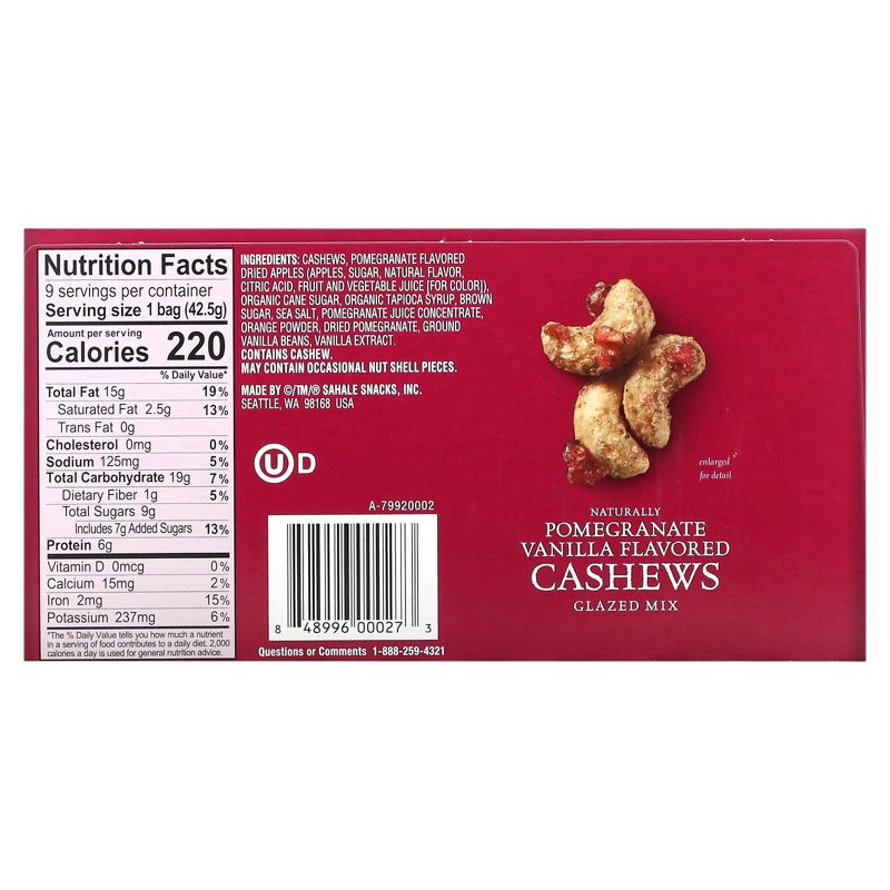 Sahale Snacks Glazed Mix, Pomegranate Vanilla Flavored Cashews, 9 Packs, 1.5 oz (42.5 g) Each, 2 of 3