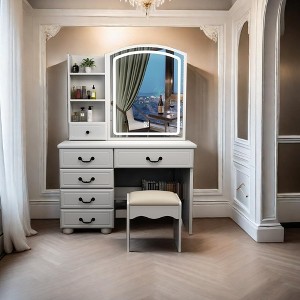QingMoon Makeup Vanity with Sliding Mirror, 6 Drawer Dressing Table Set, with Chair and Side Storage Shelves for Bedroom (White) - 1 of 4