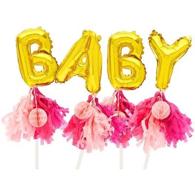 Sparkle and Bash Gold Foil "BABY" Balloons Cake Topper Letters 7.5" with Red Tassels Baby Shower Party Decorations