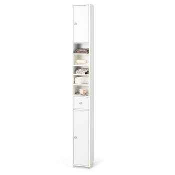 Lifesky Tall Bathroom Storage Cabinet - Slim Floor Storage Cabinet with Drawer and Door - Narrow Bathroom Cabinets with Open Shelves White