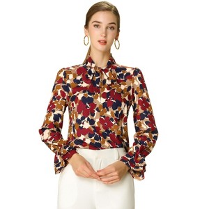 Allegra K Women's Floral Tie V Neck Chiffon Ruffle Trumpet Sleeve Blouse - 1 of 4