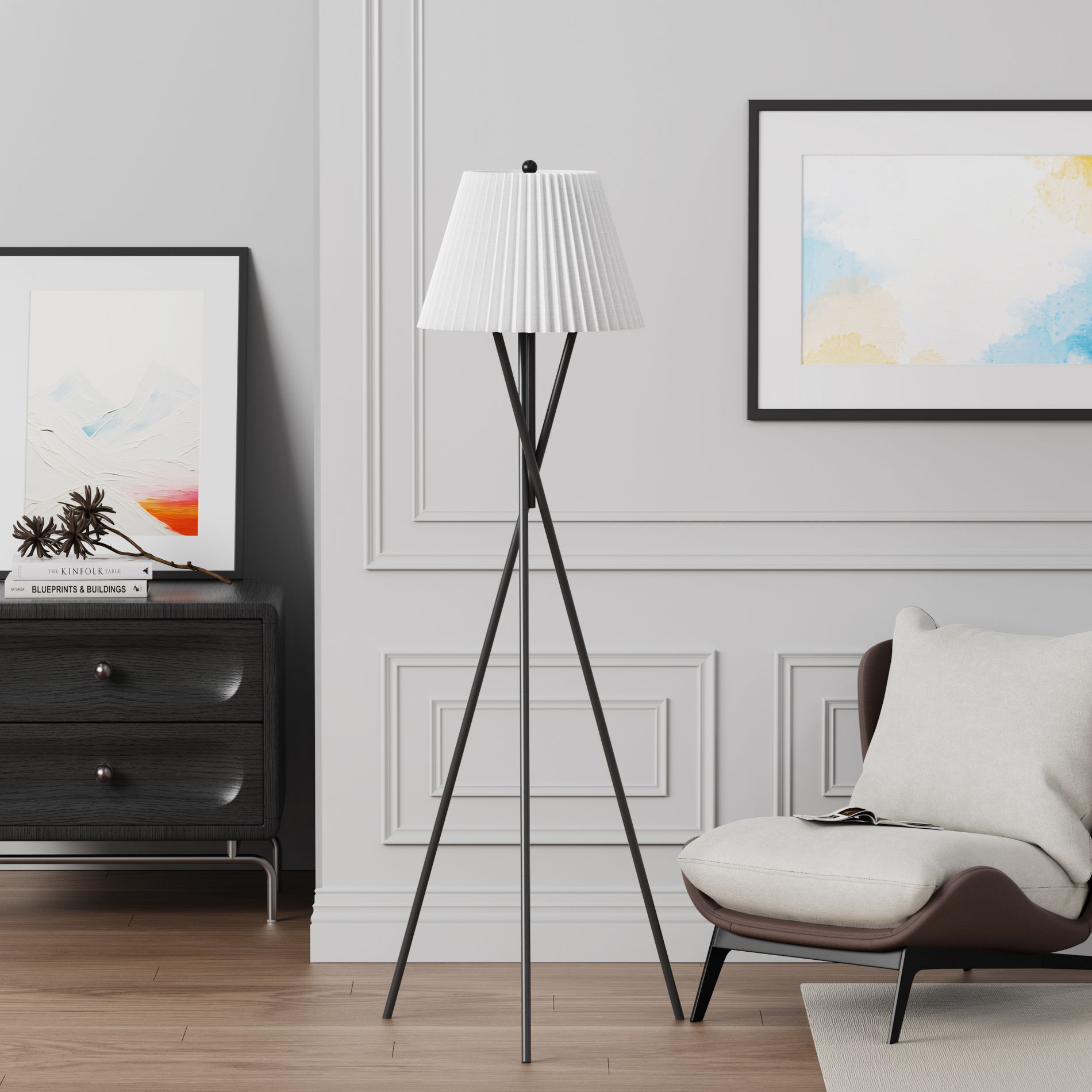 Maxax Modern Tripod Floor Lamp, 65" Mid Century Standing Lamp with White Pleated Shade for Bedroom Office