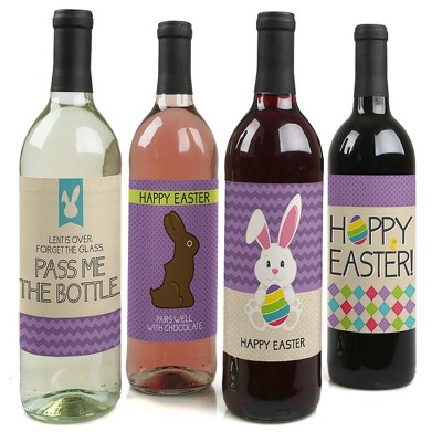 Big Dot of Happiness Hippity Hoppity - Easter Bunny Party Decorations for Women and Men - Wine Bottle Label Stickers - Set of 4