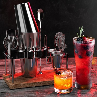 JoyTable 17-Piece Silver Stainless Steel Bartender Kit with Wood Stand
