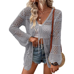 Women's Crochet Cardigan Light Weight Long Sleeve Tie Front Hollow Out Thin Cardigan - 1 of 4