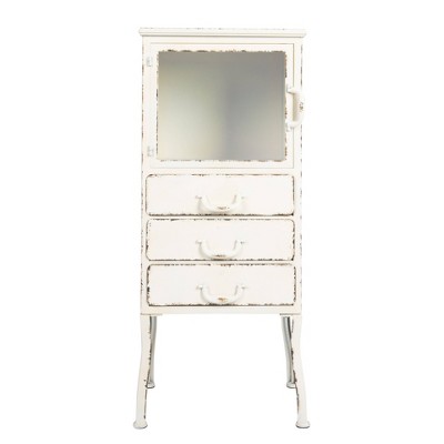 Distressed White Metal Cabinet with 3 Drawers and Open Shelf