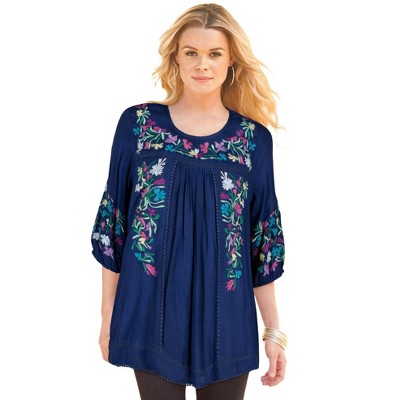 Roaman's Women's Plus Size Boho Floral Tunic - 12 W, Blue : Target