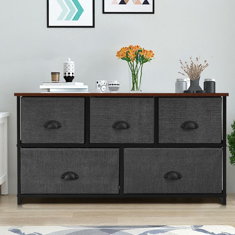 Costway Fabric Dresser Storage Unit Side Table w/ 5 Drawers Metal Frame Brown\Black Table Top, 5 of 11