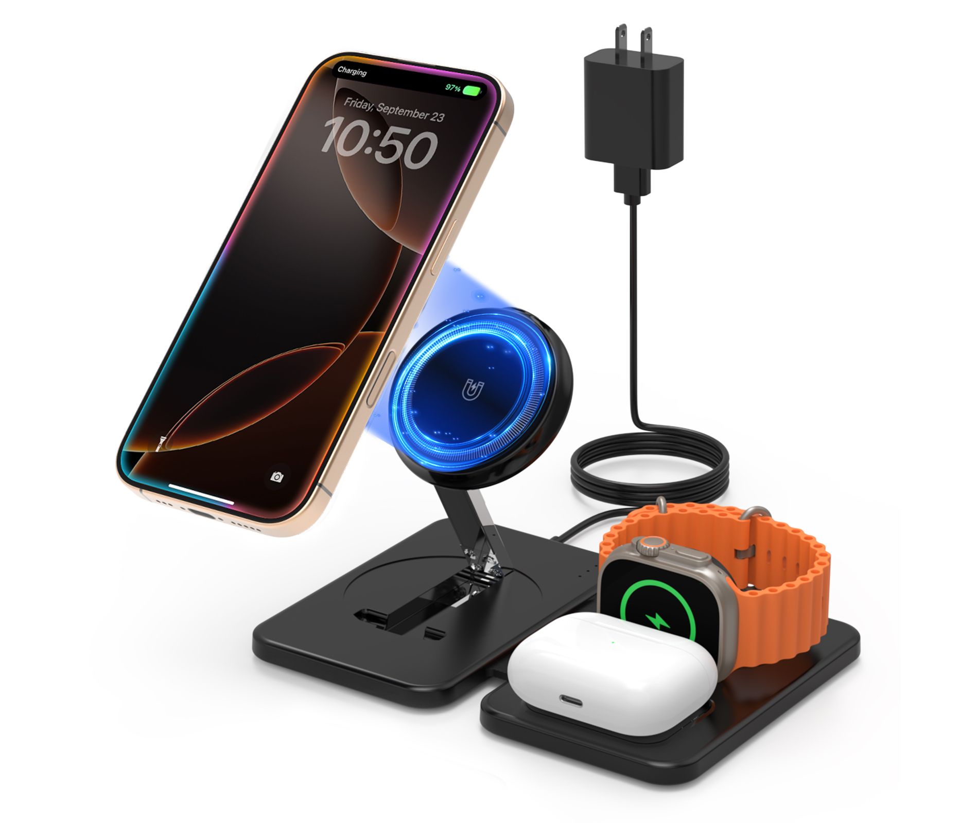 HANPURE Wireless Charging Station for Mag-Safe: Fast Wireless Charger Pad for iPhone 16/15/14/13/12 Series for A-pple Watch 10-2 Air-Pods 4/3/2/Pro