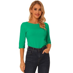 INSPIRE CHIC Women's Classic Solid Elbow Sleeves Round Neck Slim Fit T-Shirts - 1 of 4