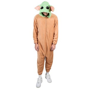 Star Wars The Mandalorian Baby Grogu Adult Hooded Kigurumi Union Suit Pajama Onesie With Ears - 1 of 4