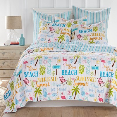 King Size Blue Cotton Reversible Coastal Quilt Set