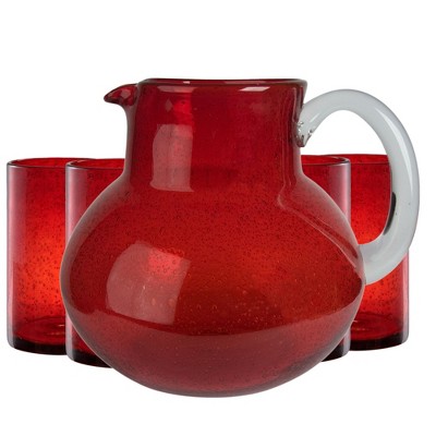 Artland Iris 90oz Hand Blown Pitcher & Set of 4 17oz Highball Glasses, Unique Bubble Design, Lead-Free Glass for Serving Beverages