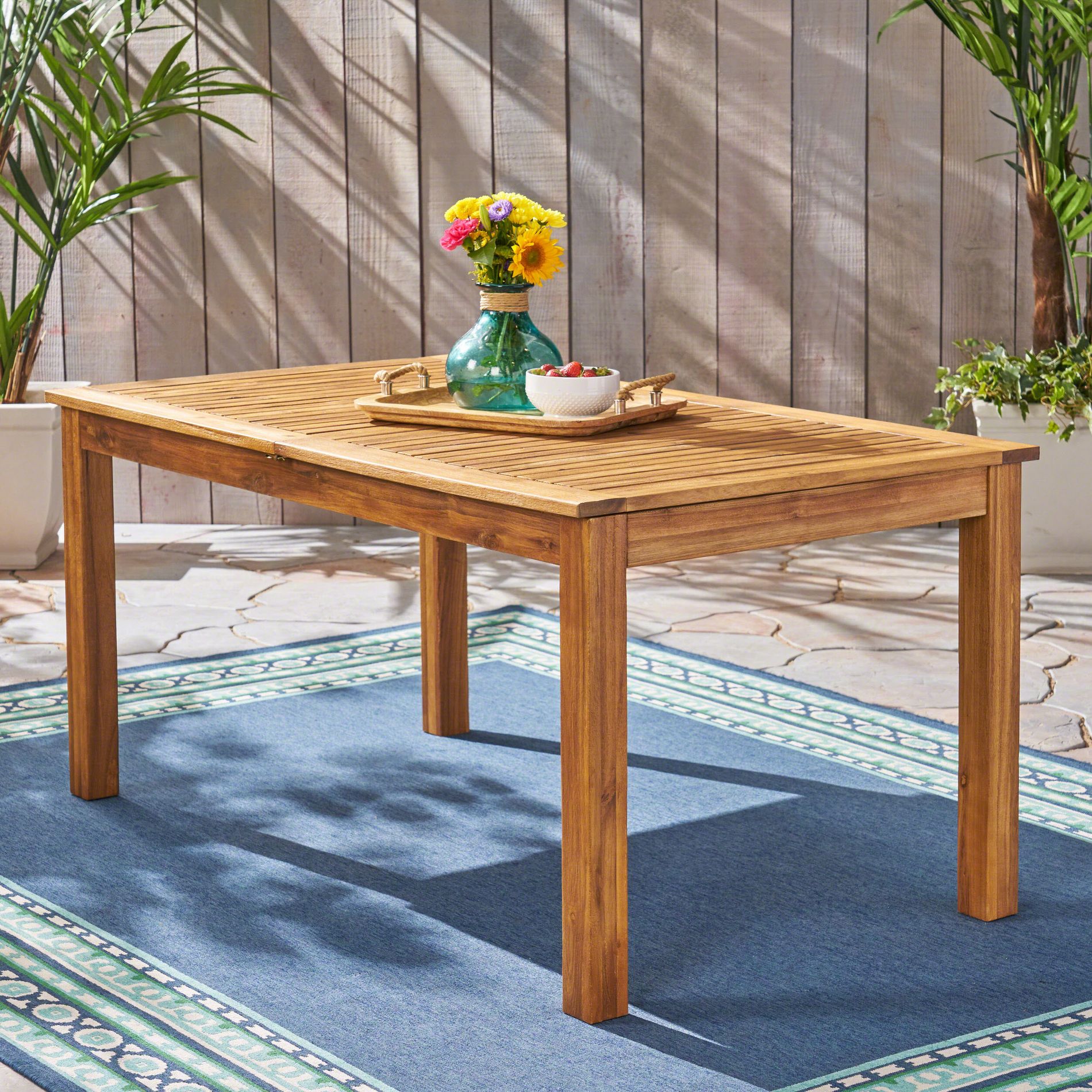 Christopher Knight Home Xenos Rustic Patio Acacia Wood Expandable Slatted Dining Table with Umbrella Hole, Natural