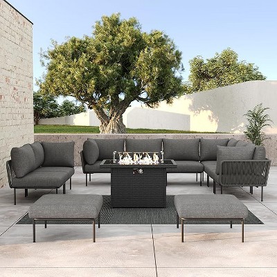 LayinSun 11 Pieces Rope Woven Patio Furniture Set, Modern Modular Sectional Sofa with Fire Pit Table and Upgrade Thickness Cushion